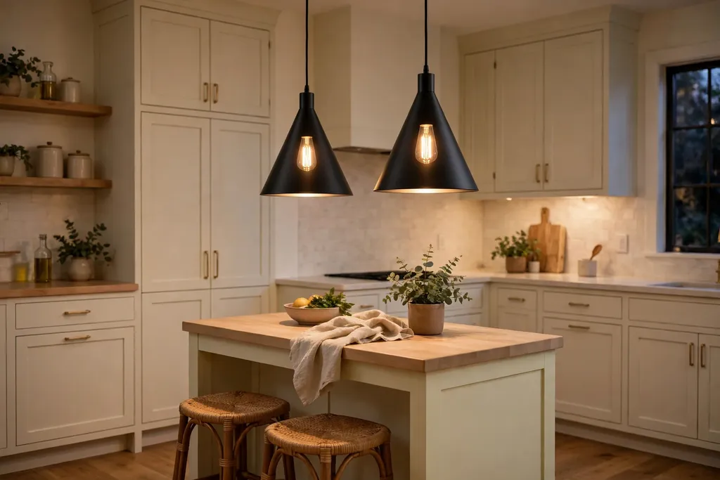 Pair of matte black cone pendants over a small kitchen island with pale cabinets.