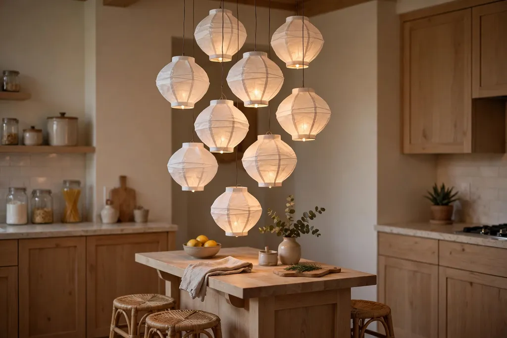 Cluster of small white paper lantern pendants at varied heights over a small kitchen island.