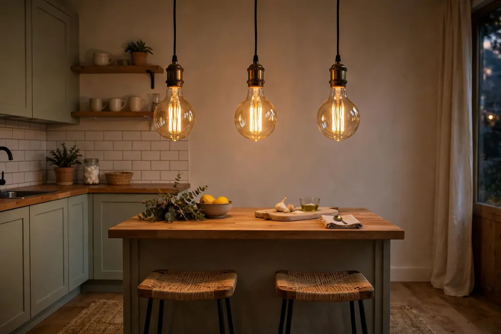 Exposed filament Edison pendants with warm amber glow over a small kitchen island.
