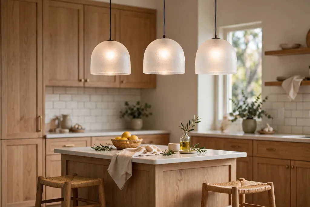 Frosted glass dome pendants giving soft diffused light over a small kitchen island.