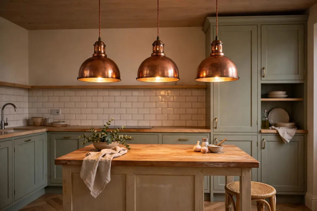 Copper pendants with warm metal glow over a small kitchen island with a wood counter.