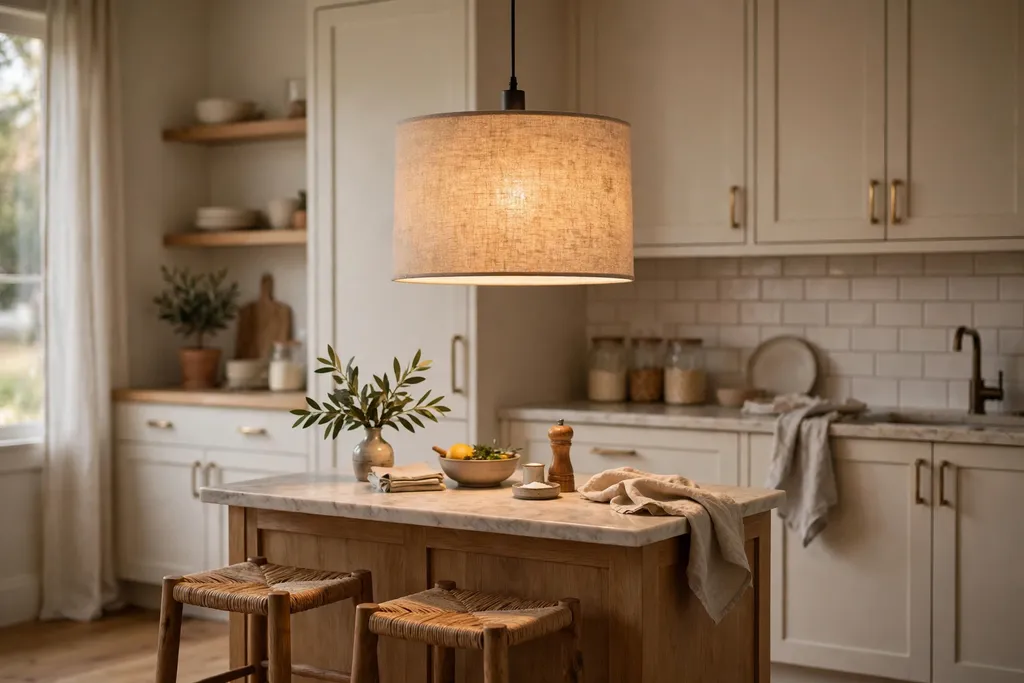Linen drum shade pendant giving soft fabric glow over a small kitchen island.
