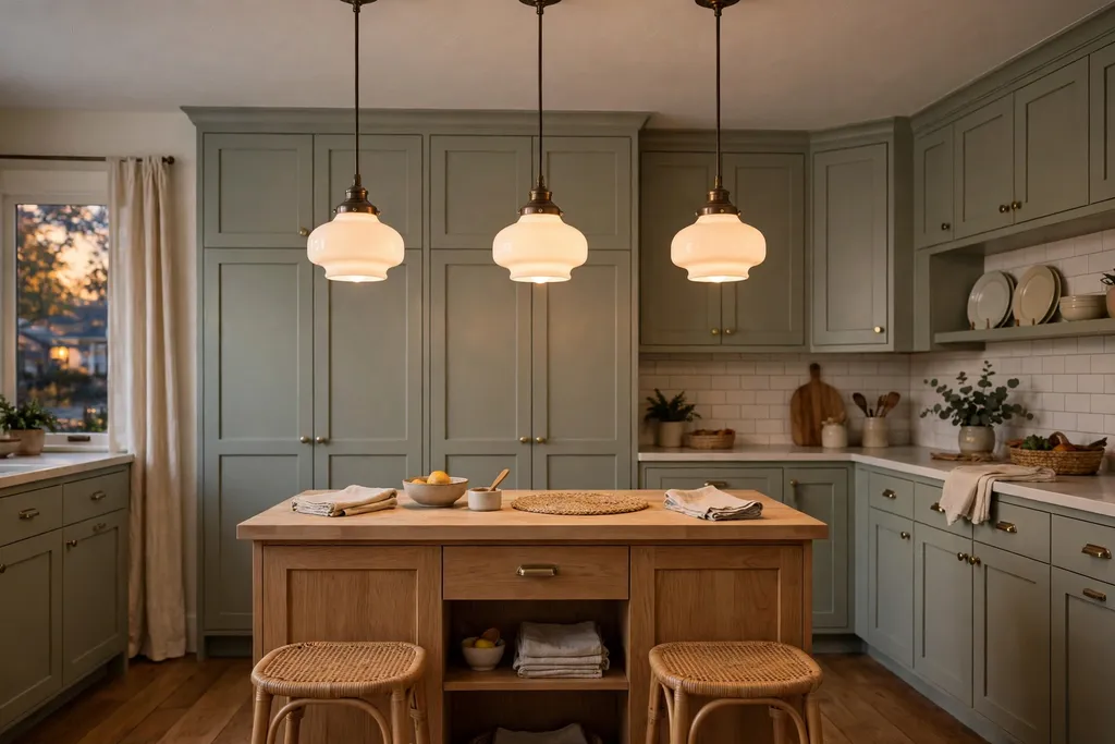 Schoolhouse milk glass pendants over a small kitchen island with shaker cabinets.
