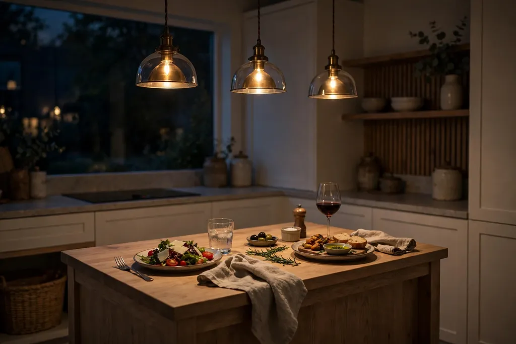 Kitchen island pendants dimmed low for an evening meal at a small island.