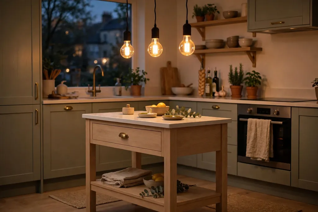 Small kitchen island lit by smart bulbs set to a warm evening scene.