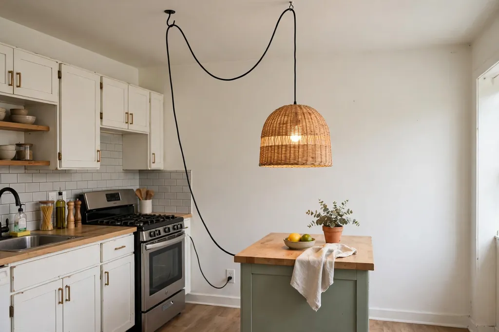 Plug in swag pendant hanging from a ceiling hook over a small kitchen island in a rental kitchen.