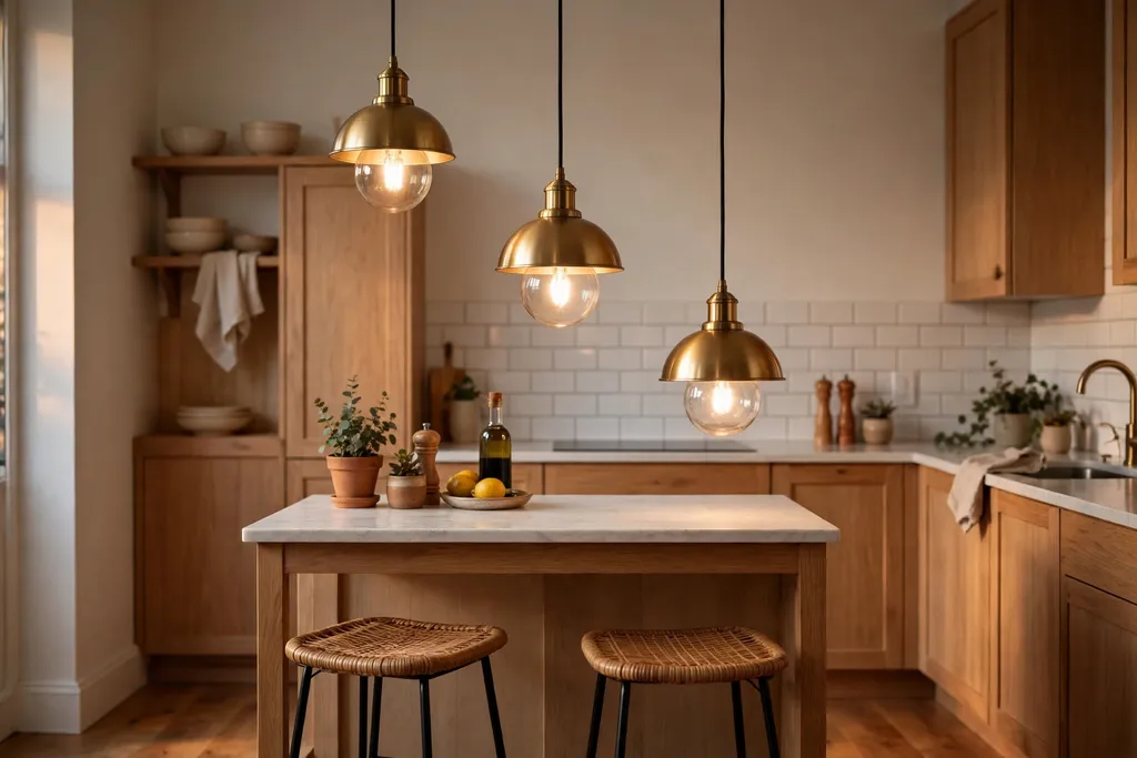 Pendants hung at staggered heights in a row over a small kitchen island.