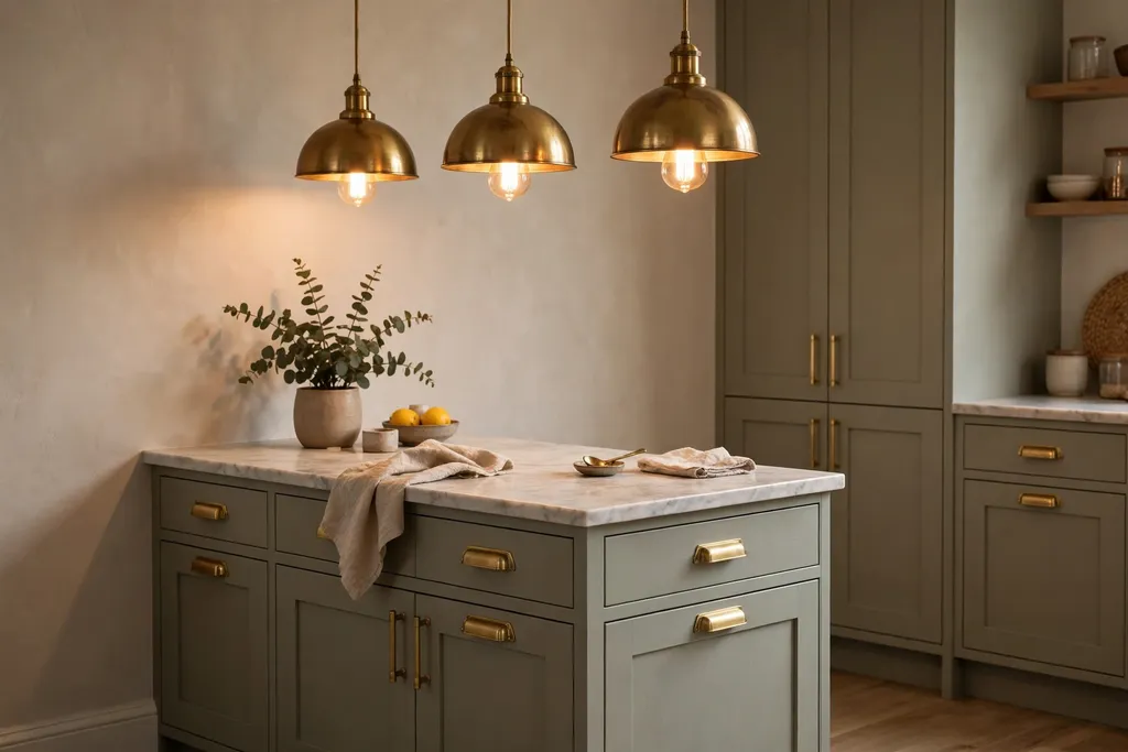 Brass pendants matched to brass cabinet pulls over a small kitchen island.
