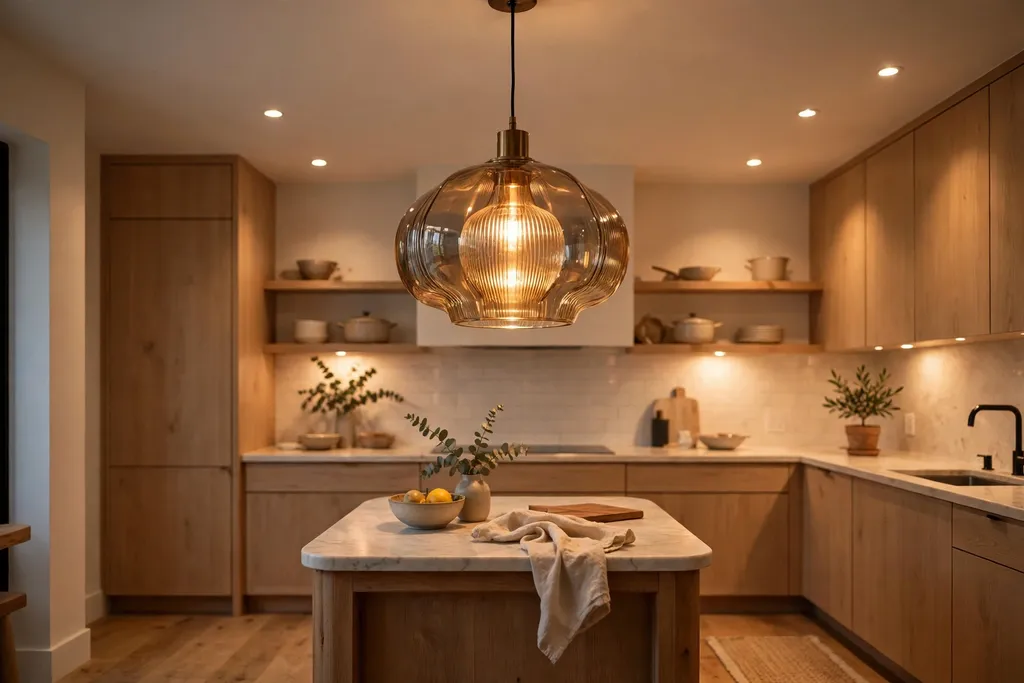 Single statement pendant over a small kitchen island center with recessed fill lights.