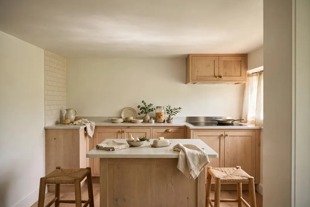 Small kitchen with soft light bouncing off a pale ceiling above a kitchen island.