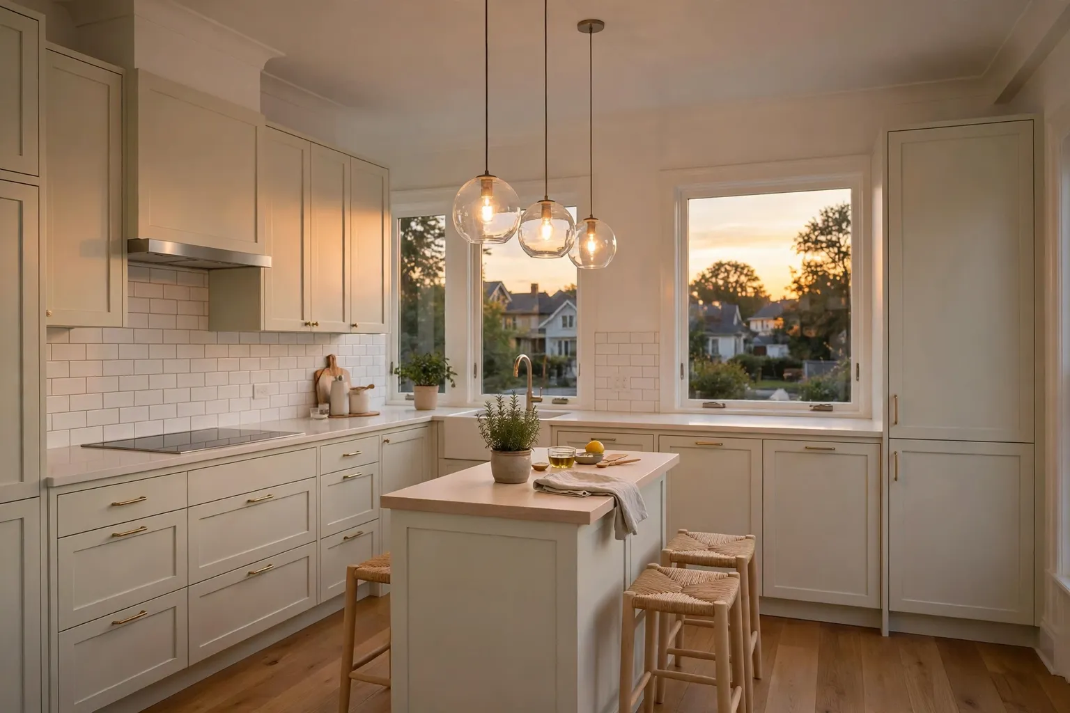 Wide bright small kitchen with a small island lit by three clear glass globe pendants in warm evening light.