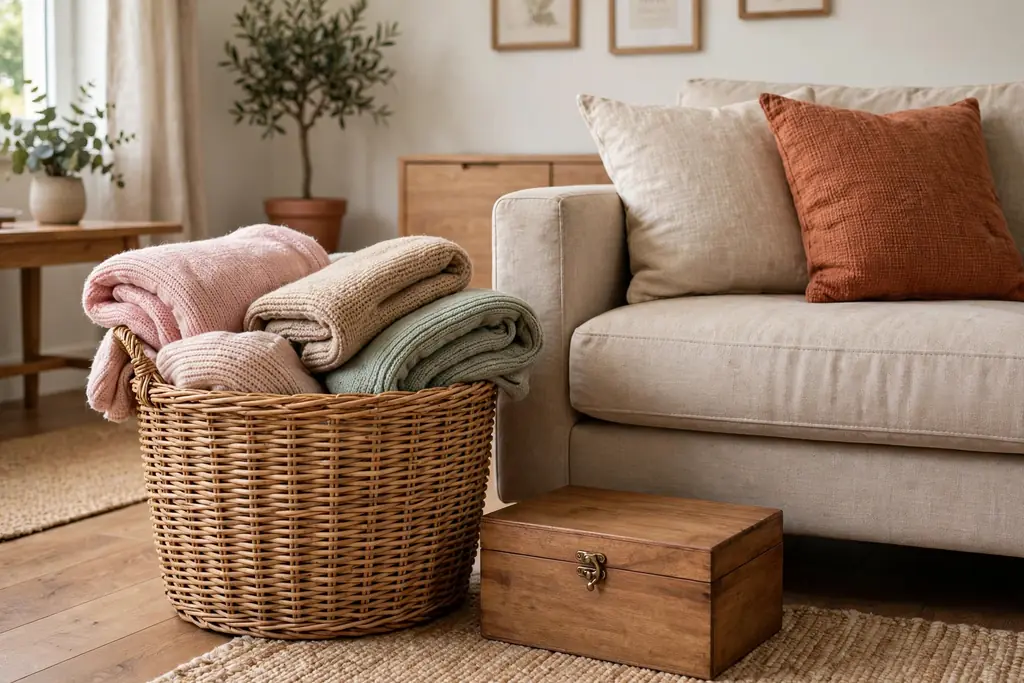 Living room basket holding folded throws beside a sofa with a lidded box.