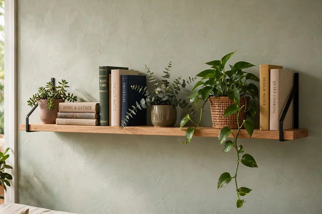 Single board shelf with plants and books on a living room wall.
