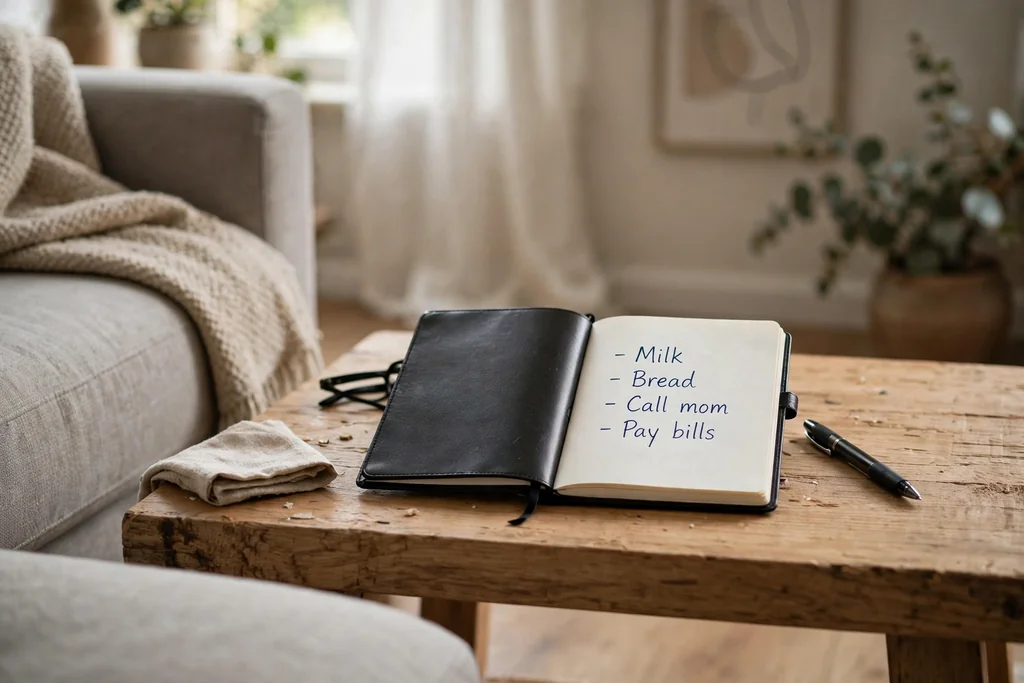 Living room notebook with a short list and pen on a coffee table beside a sofa.