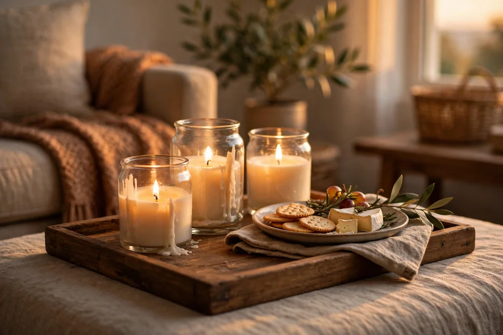 Living room tray with candles in glass jars and a plate in warm evening light.