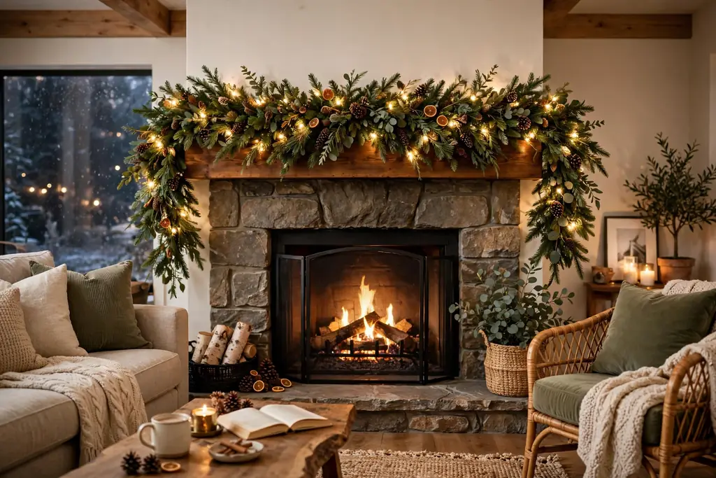 Fireplace mantel decorated with a green Christmas garland and warm white lights.