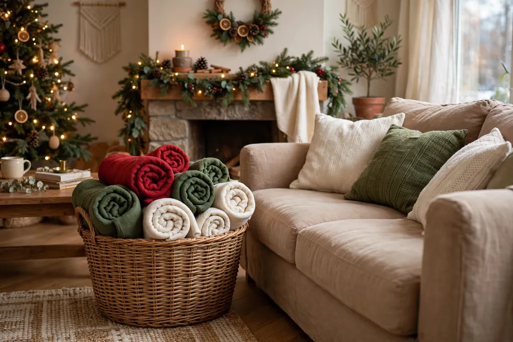 Basket beside a sofa filled with rolled Christmas throws.