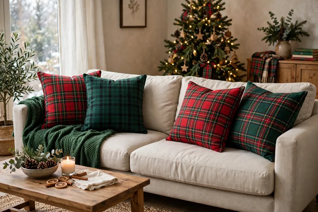 Sofa with seasonal Christmas cushion covers in plaid and green.