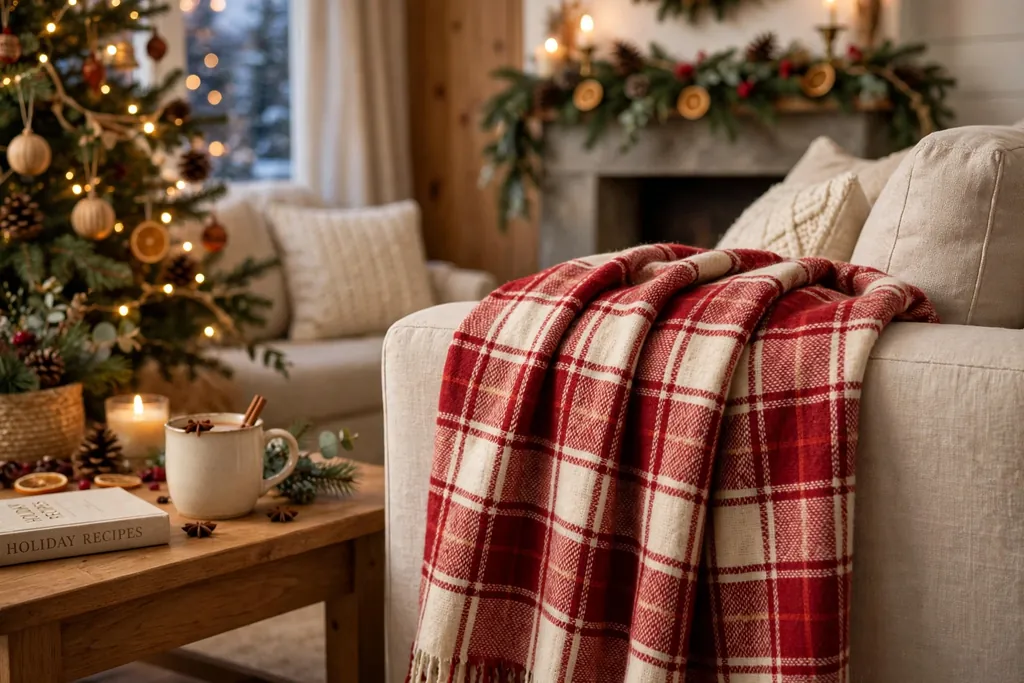 Plaid throw draped over a sofa arm in a living room.