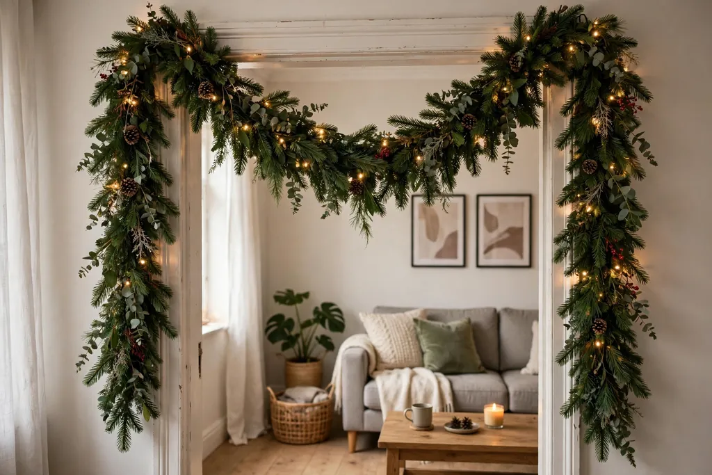 Green Christmas garland draped over a living room doorway.