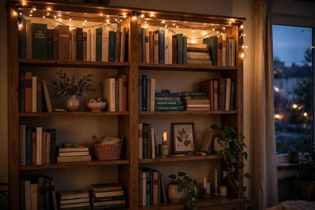 Bookshelf with warm string lights along the top edge.