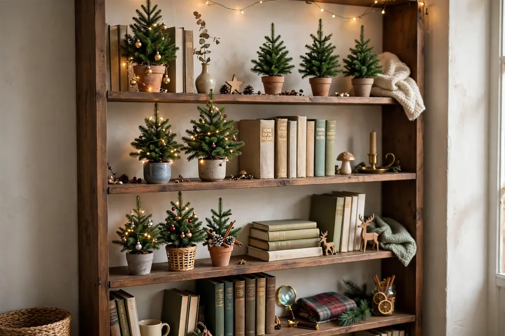 Mini Christmas trees in pots arranged on a bookshelf.