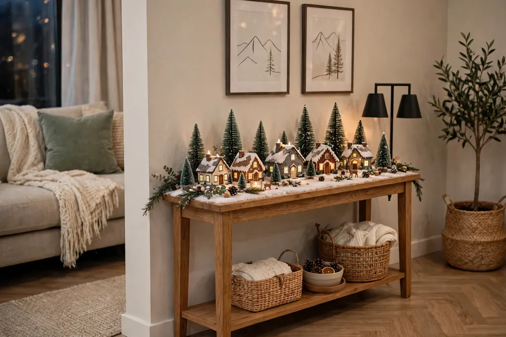 Christmas village with small houses and snow on a console table.