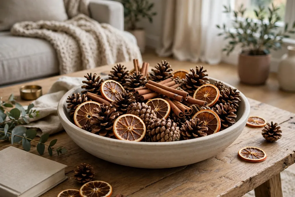 Bowl filled with pinecones, dried orange slices, and cinnamon sticks.
