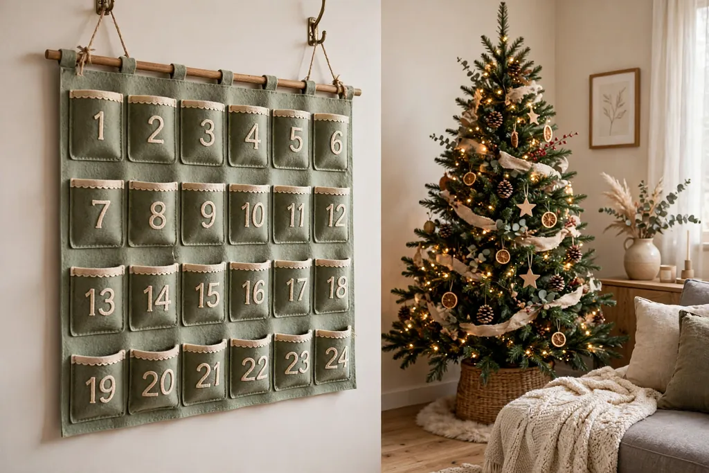 Felt advent calendar with numbered pockets on a living room wall.