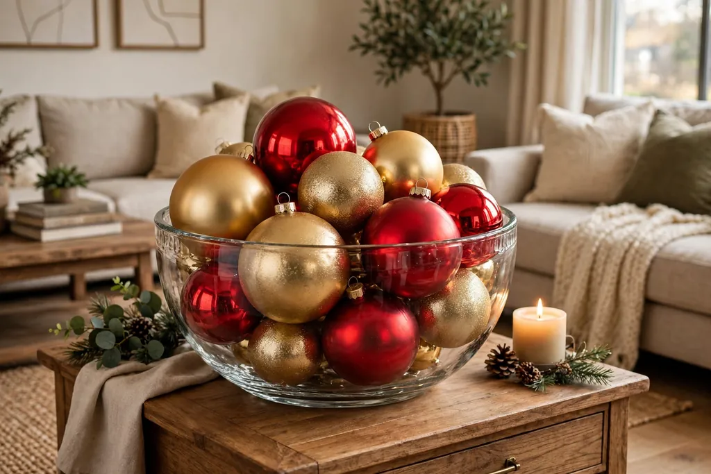 Glass bowl filled with oversized Christmas baubles on a side table.