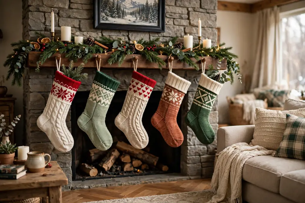Knit Christmas stockings hung in a row on a fireplace mantel.
