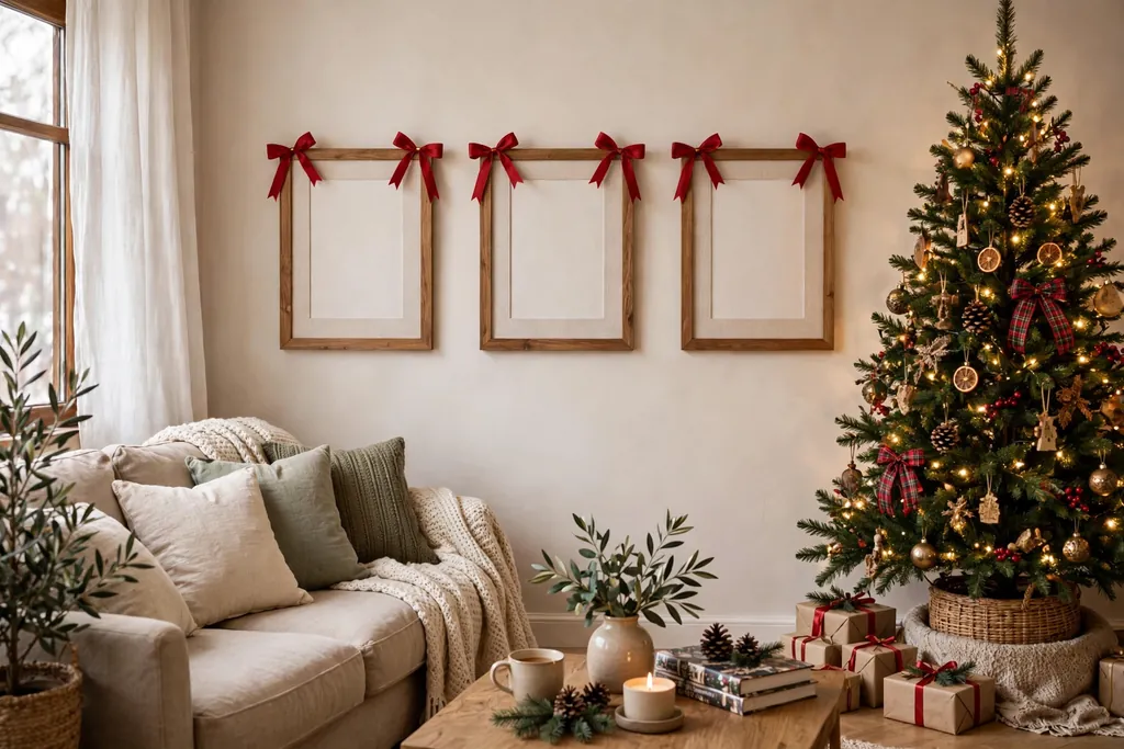 Picture frames with ribbon bows tied at the top corners.