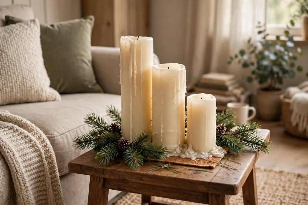 Cluster of candles of different heights on a side table with a pine sprig.