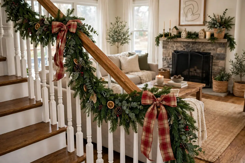 Green garland tied with ribbon along a stair rail.