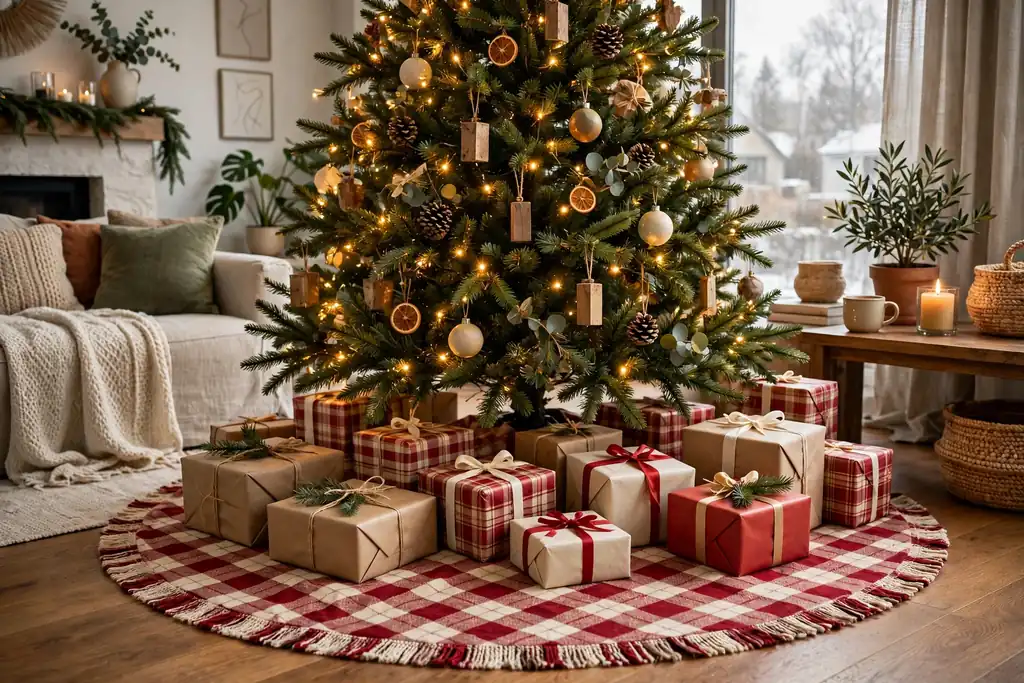 Christmas tree base with a plaid tree skirt and wrapped gifts.