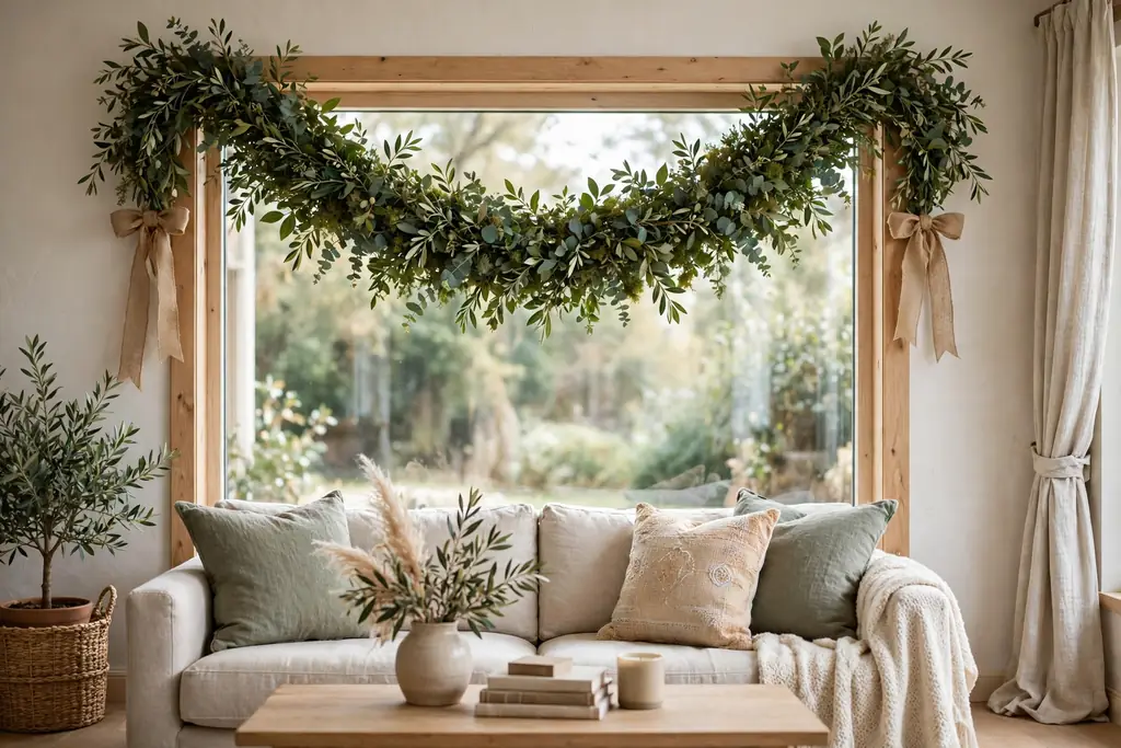 Greenery swag draped at the top of a living room window.