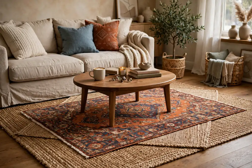 Layered rugs under a coffee table in a living room.