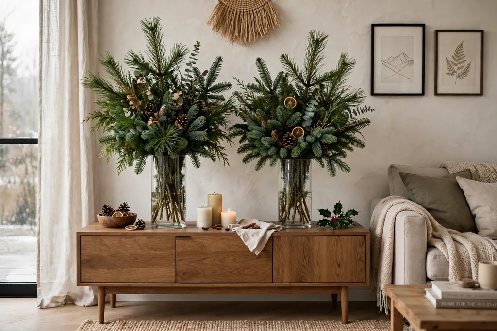 Tall vases with fresh pine branches on a sideboard.