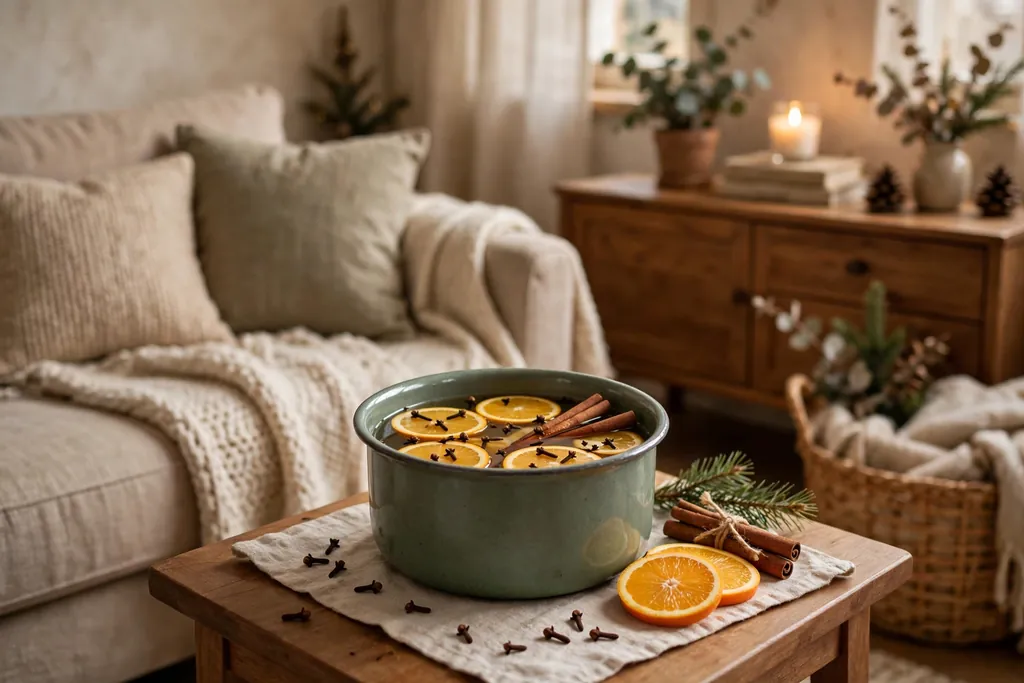 Small simmer pot with orange slices, cinnamon sticks, and cloves on a side table.