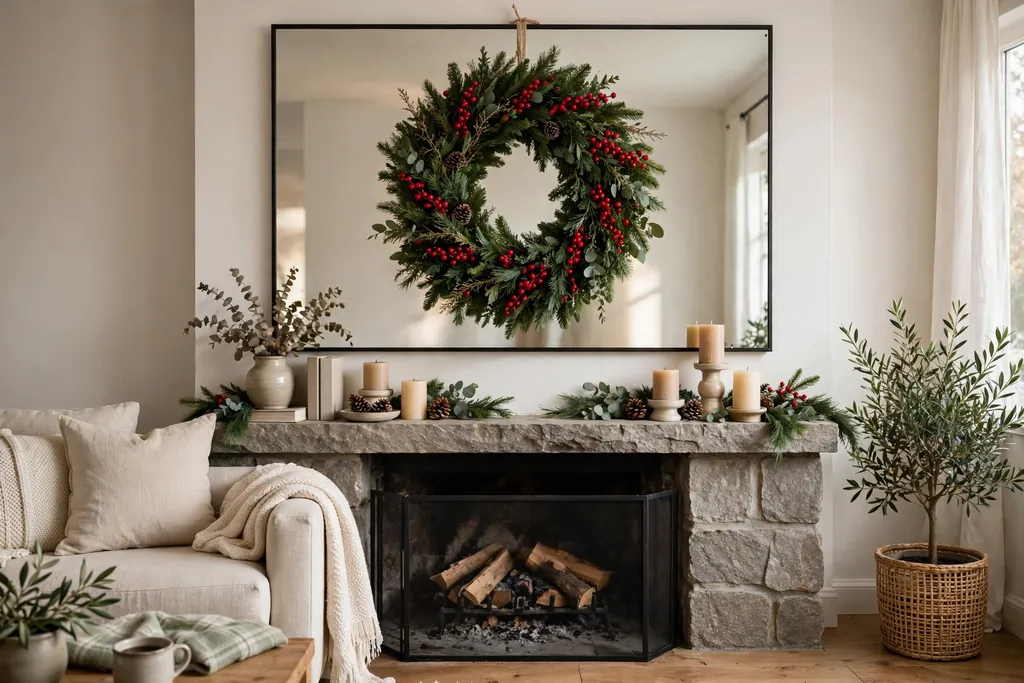 Evergreen Christmas wreath with red berries above a mantel mirror.