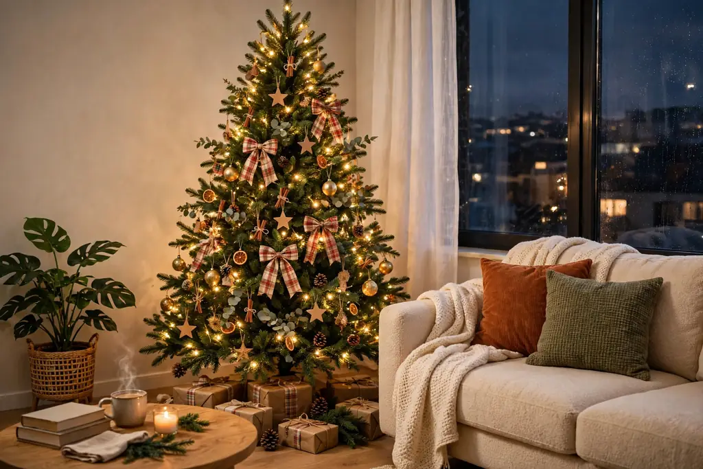 Christmas tree with warm lights in a living room corner by a window.