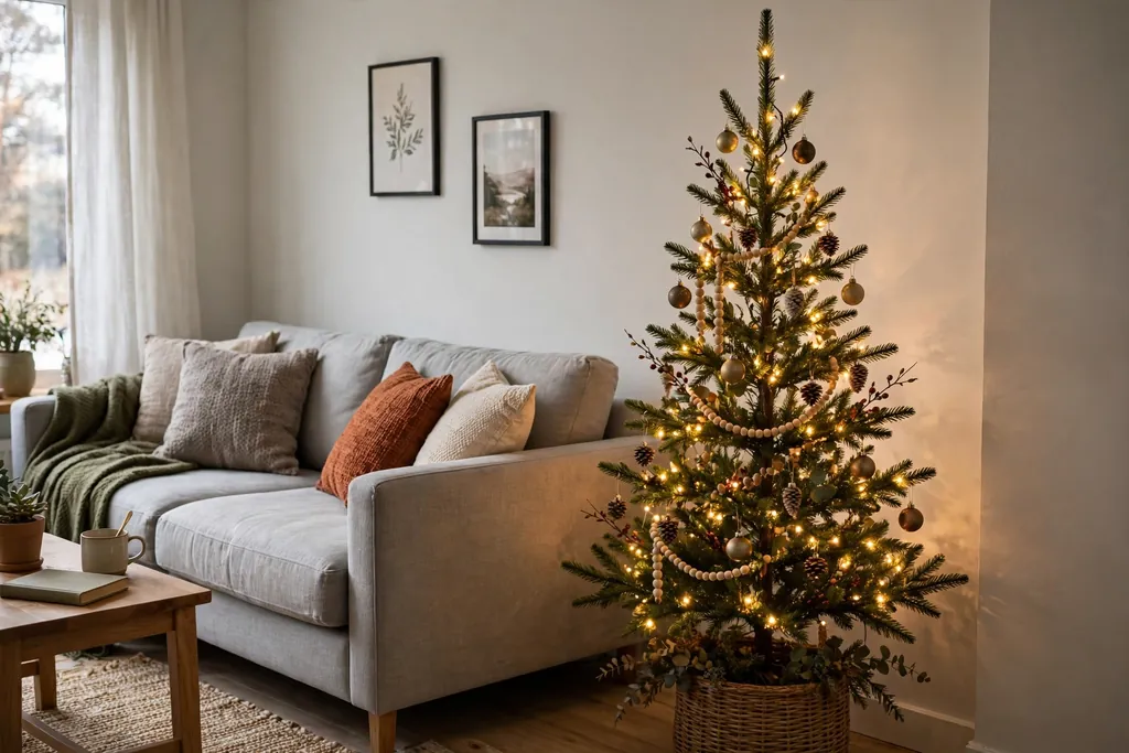 Slim Christmas tree in a small living room corner beside a sofa.