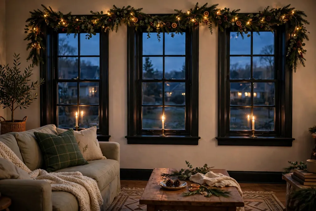 Living room windows at dusk with a candle glowing in each window.