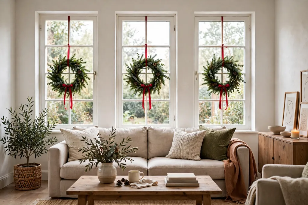 Small evergreen wreaths with ribbon hanging on living room windows.