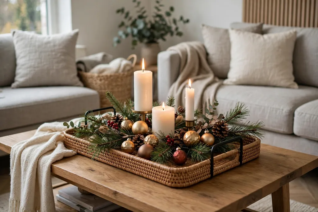 Coffee table tray centerpiece with candles, pine sprigs, and ornaments.