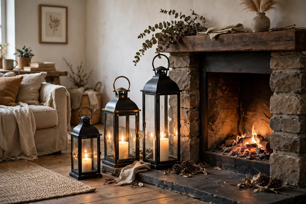 Lanterns with candles beside a fireplace hearth.