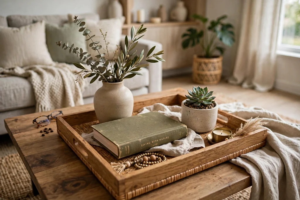 Coffee table tray with a vase, a book, and a small plant in a living room.