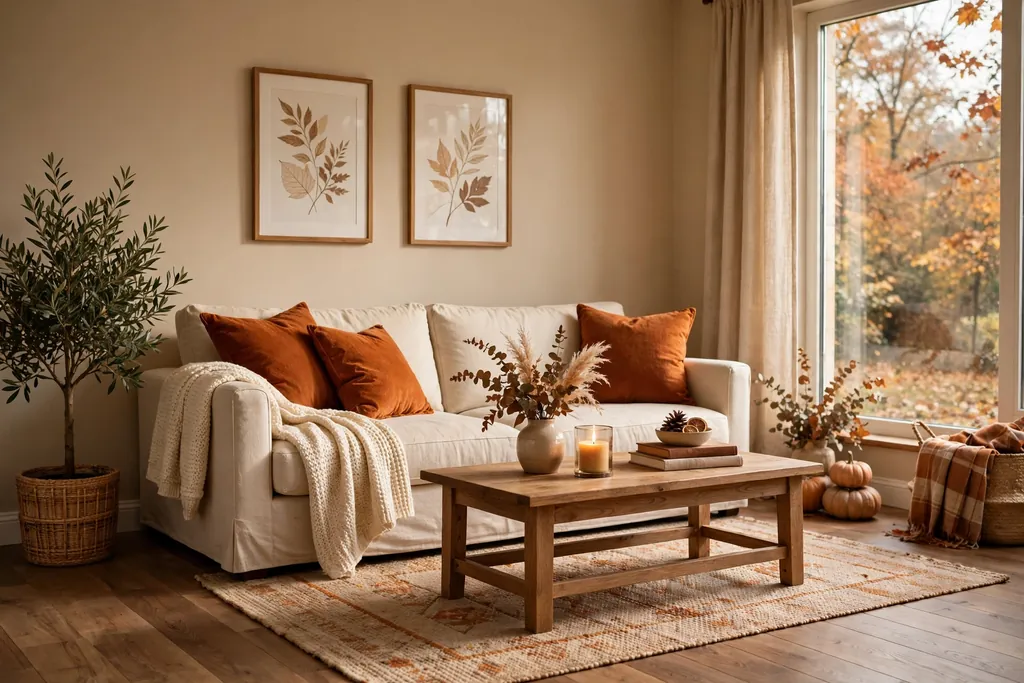 Autumn living room with warm beige walls, burnt orange cushions, and a cream sofa.