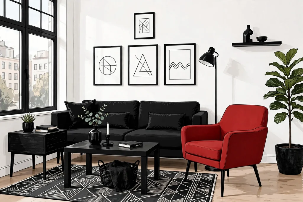 Graphic living room with white walls, black furniture details, and one red accent chair.