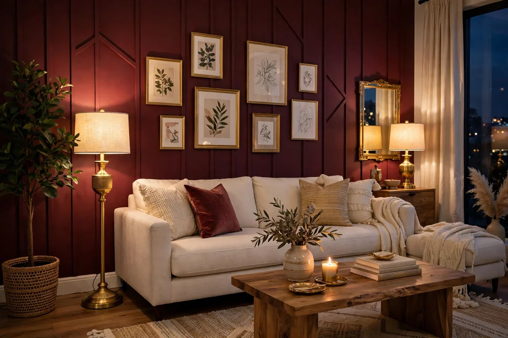 Evening living room with a burgundy accent wall, gold lamps, and a cream sofa.